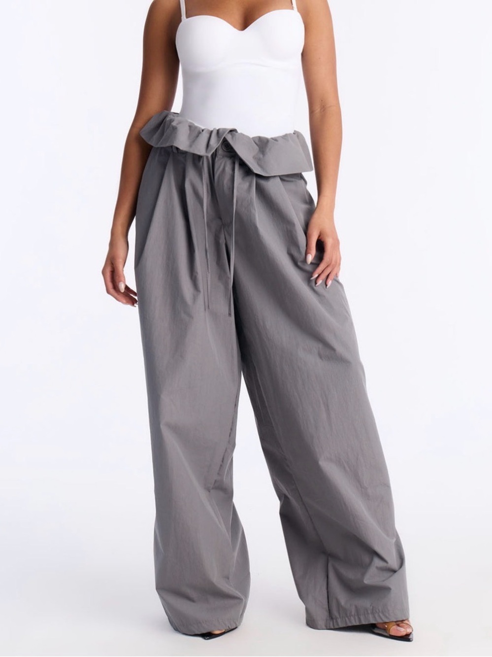 Fashion Nova Grey Fold Over Waist Wide Leg Pants Size L